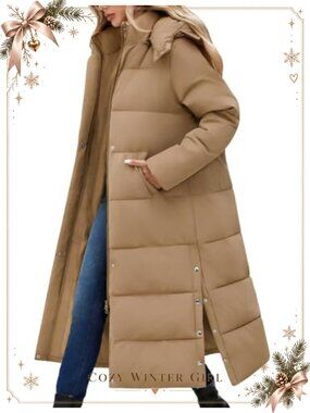 Women's Long Puffer Coat Quilted Maxi Jacket Removable Hood